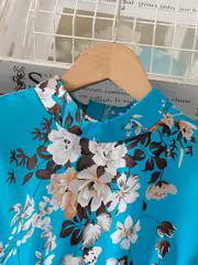Girls' Fashion Versatile Elegant Lake Blue Floral Print Long Sleeve Waist-Cinching Pleated Dress Suitable for Outdoor Commuting Gatherings Travel Holiday Gift - Image 3