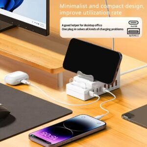 Wowssyo 8-in-1 66W Fast Charging Station, Featuring 4 USB Ports+ 4 Type-C PD Fast Charging Ports, with Phone Holder/desktop Organizer. Supports Fast Charging Via Type-C Multi-plug/multi-output Sockets, Compatible with USB Hubs, USB Adapters