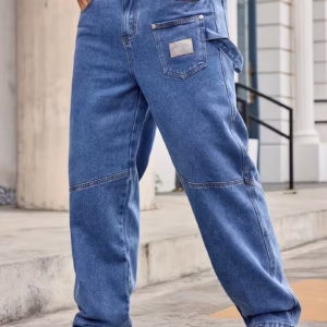Men's Multi-Pocket Casual Jeans- Loose Fit Blue Jeans with Utility Multi-Pocket & Strap Detail, Comfortable Casual Wear for Daily, Street, and Outdoor, All-season Comfort