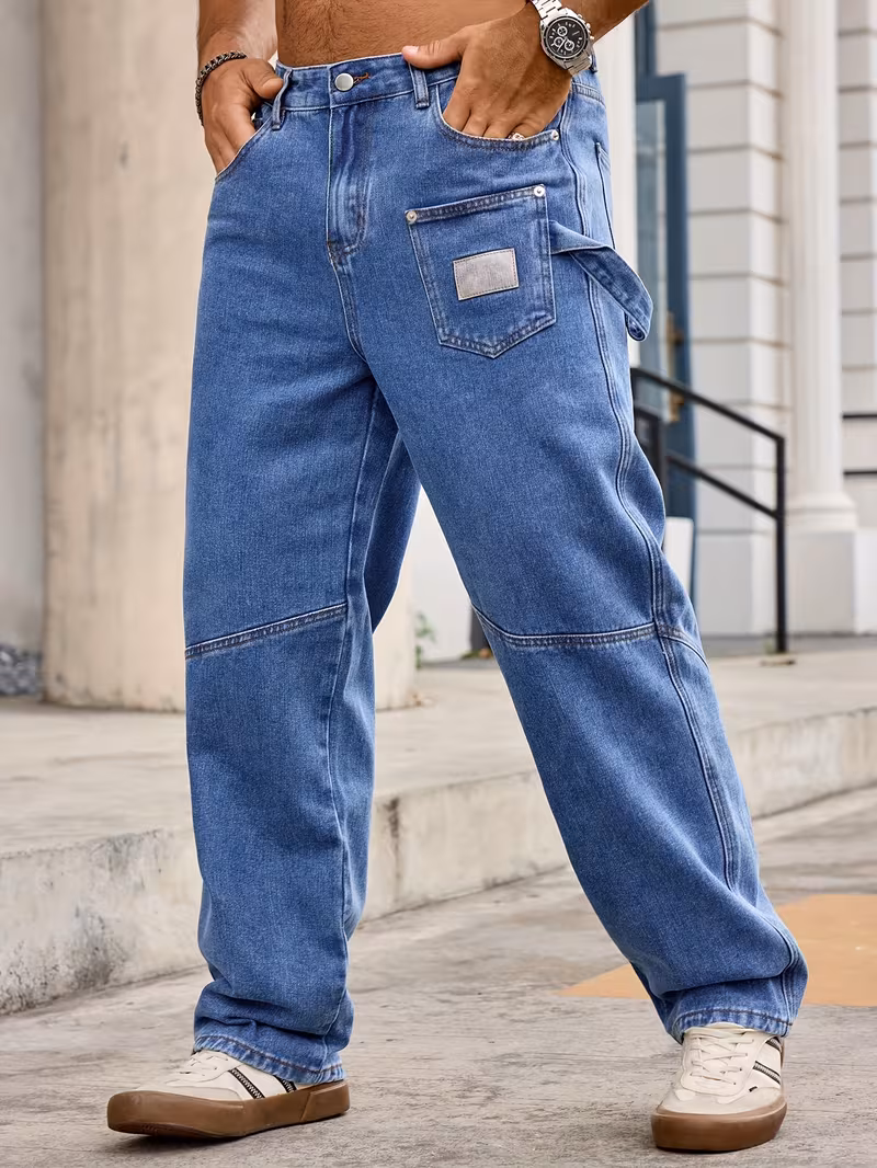 Men's Multi-Pocket Casual Jeans- Loose Fit Blue Jeans with Utility Multi-Pocket & Strap Detail, Comfortable Casual Wear for Daily, Street, and Outdoor, All-season Comfort