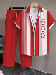 Men's Summer Casual Striped Geometric Pattern Short Sleeve Shirt + Pants Trendy Retro Two-Piece Set - Image 10