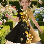 Girls' Princess Party Dresses with Short Sleeves & Mid-Length - Lightweight Everyday Birthday Outfits, Wide Swing Dress for Spring Summer Wear, Durable & Easy-Care Party Dresses Suitable for Birthdays & Events