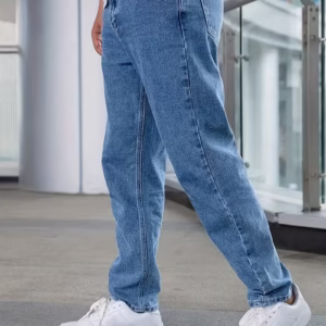 Men's Heavy-Duty Straight-Leg Washed Black Jeans - Classic Five-Pocket Regular Fit Casual Pants, All-Season Machine-Washable for Casual Attire & Formal Events, Classic Blue Wash (No-Stretch) Straight Leg Trousers