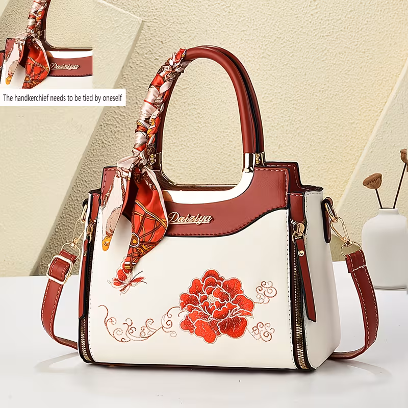 Handkerchiefs Need to Be Tied by Yourself, Random Women'S Bag, Business Spring And Summer Dating, Casual Travel Bag, Foreign Style Handbag, Large-Capacity Middle-Aged Bag, Embroidery, Contrasting Color, 4 Seasons, New Work Commuting