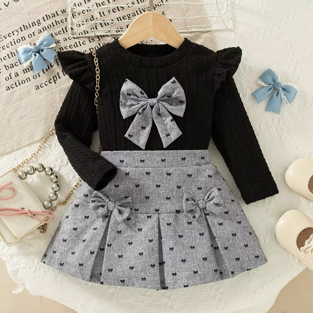 Elladie Kids 2pcs/Set Toddler Girls' Black Jacquard Knit Round Neck Flare Sleeve T-Shirt & Gray Bow Decor Skirt,Summer,Family Matching,Back-To-School Party Outfit - Image 12