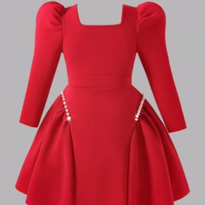 Elladie Kids Girls Red Textured Knit Crew Neck Beaded Ruffle Hem Dress With Puff Sleeves, Fashionable And Elegant For Everyday, Gatherings And Parties Squishy