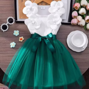 Elladie Kids Girls Sleeveless Round Neck 3D Floral Mesh Summer Casual Dress 7th Birthday White Flower Girl