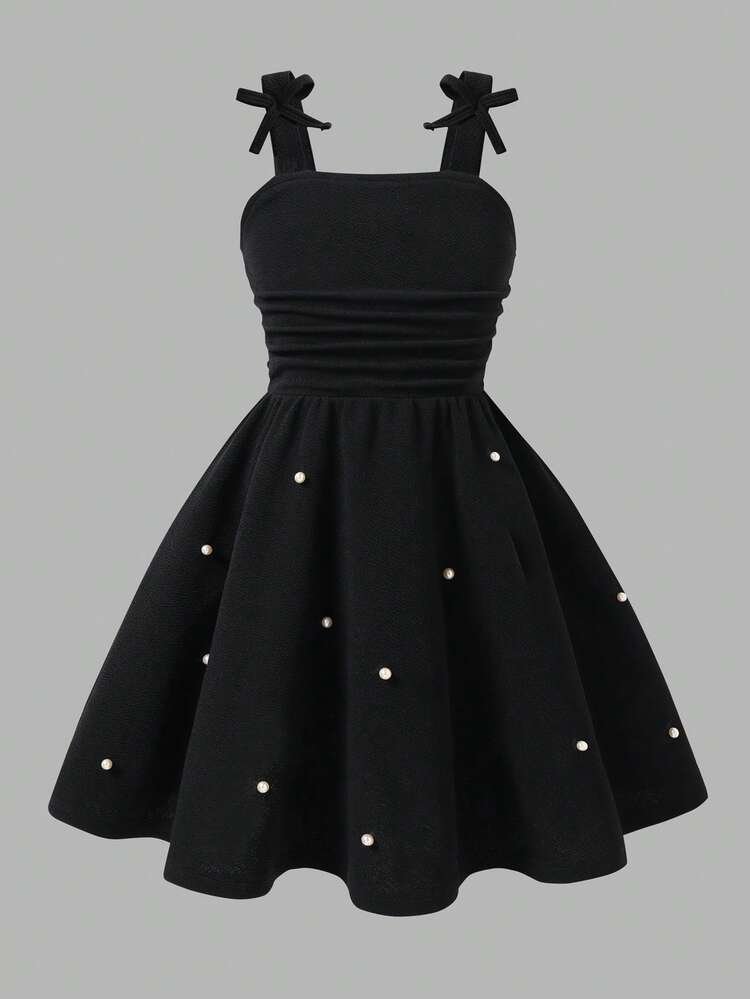 Elladie Kids Young Girl' Cute Sleeveless Ruched Bow Decor Midi Dress, Black, Elegant Casual For Summer, Party 7th Birthday, Wedding - Image 5