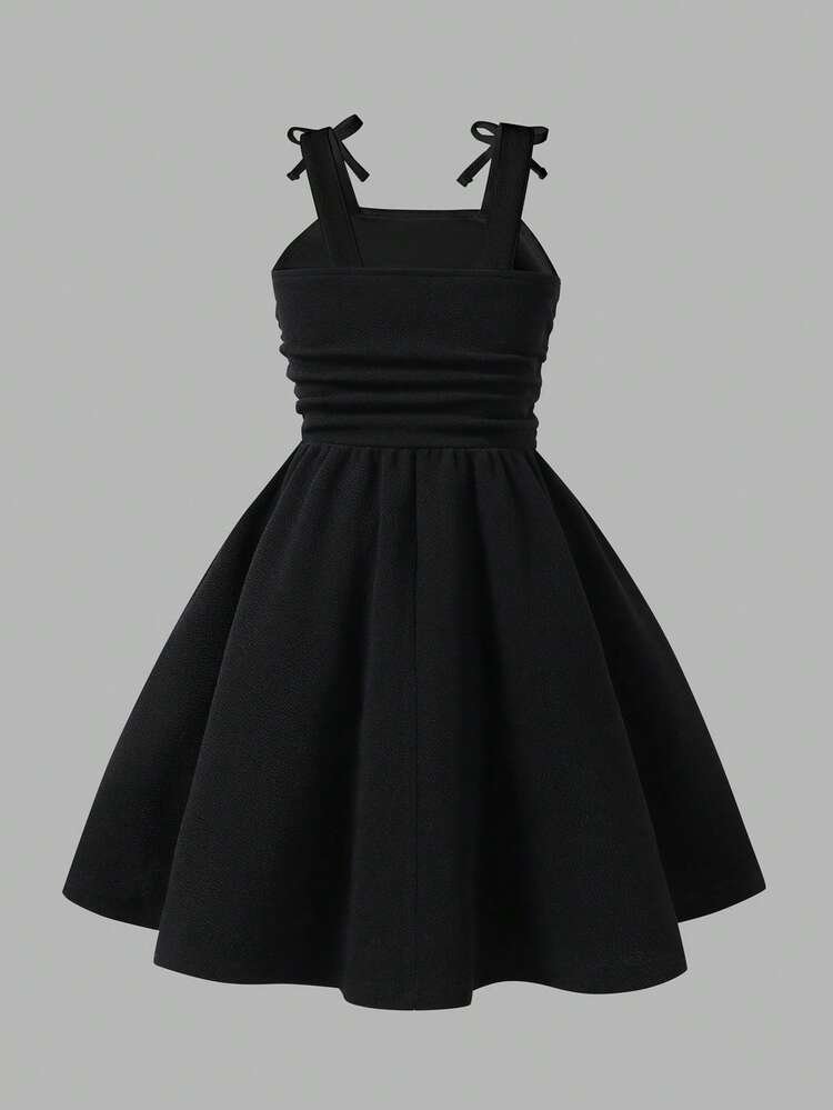 Elladie Kids Young Girl' Cute Sleeveless Ruched Bow Decor Midi Dress, Black, Elegant Casual For Summer, Party 7th Birthday, Wedding - Image 6