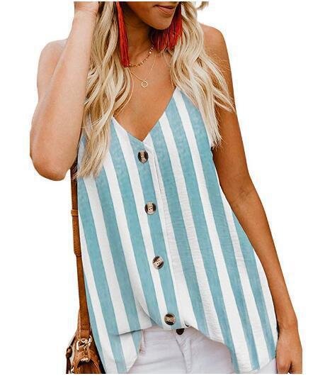 Camisole Striped V-Neck Buttoned Sleeveless Shirt Women's Tank Top - Image 2