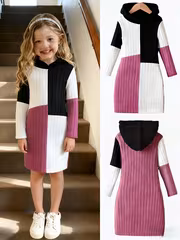 Girls' Knit Hooded Patchwork Contrast Dress, Knee-Length Fitted Soft Comfortable Fabric, Suitable for Daily Casual, Outdoor Activities, Inner And Outer Wear, Holiday Gift, for Outdoor - Image 6