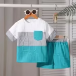 2pcs Boys' Summer Outfit, Multicolor Contrast Patchwork Short Sleeve Top And Elastic Waistband Contrast Patchwork Letter Texture Shorts, Top with Small Pocket Detail, Stylish And Practical, Comfortable Athletic Set for Boys, for Outdoor