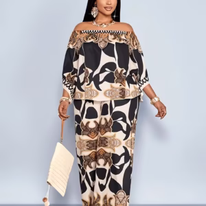 Plus Size - Women'S Plus Size Fashion Spring Summer New Off-Shoulder Printed Loose Top And Straight Pants Two-Piece Set, Suitable for Outdoor Dates And Vacations, Ethnic Style Elegant Printed Women'S Suit