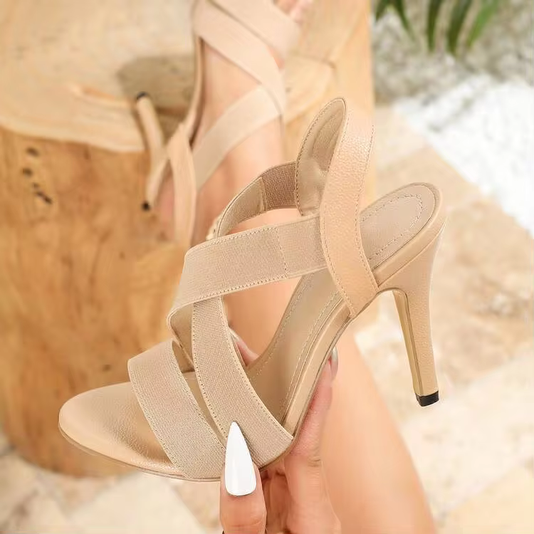 Fashion Round Toe Elegant Ladies' Criss-Cross Elastic Band Strap Backless Stiletto High Heel Sandals, Suitable For Summer Event Or Party - Image 6