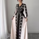 Plus Size, Elegant and Fashionable Plus-size Women's Printed Long-sleeve Dress, Adorned with Buckle Embellishments, Featuring a V-neck and Slit Cuffs. Suitable for Parties, Outings, Romantic Dates, and Daily Wear. Designed for Plus-size Women