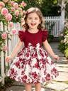 Girls' Ruffled Sleeve Bow-Tie Floral Print Sweet Vacation Style Dress, Young Girl Formal Dress - Image 10