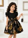Girls' Ruffled Sleeve Bow-Tie Floral Print Sweet Vacation Style Dress, Young Girl Formal Dress - Image 11