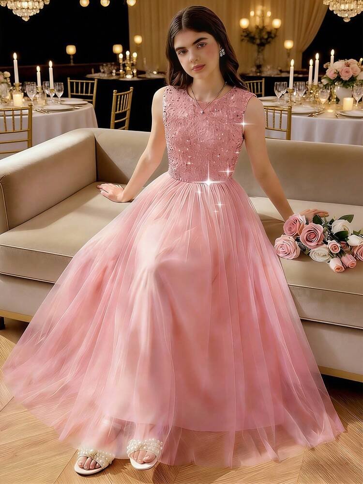 Glamorique Kids Dusty Pink,Summer,Elegant,Graduation Wedding Guest Girls Long Dress,Teen Girl's Party Clothing,Teenage Prom Dress Sequin Detail Dress With Bows - Image 4