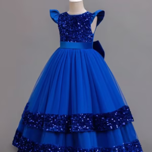 Glamorique Kids Royal Blue Young Girl Traditional Summer Wedding Christmas Santa Dress,New Year's Party Birthday Cap Sleeve Mesh Sequin Deep V-Back Bow Princess Gown