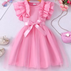Glamorique Kids Young Girl' Ruffled Cap Sleeve Stripe Mesh Round Neck Princess Summer Casual Dress With Belt Summer Holiday
