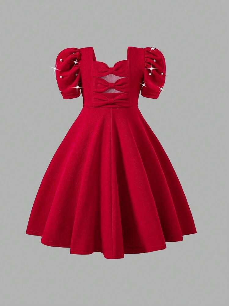 Glamorique Kids Young Girls Dress, Red Toddler Fashion Party Dress, Beaded Sleeve Design, Butterfly Back Bow, A-Line, Elegant & For Back To School, All Season - Image 2