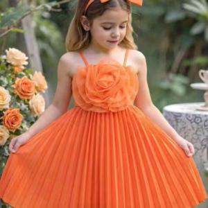 Glamorique Kids Young Girls Sleeveless Orange Dress With Flower Shirred Bodice And Long Pleated Hem