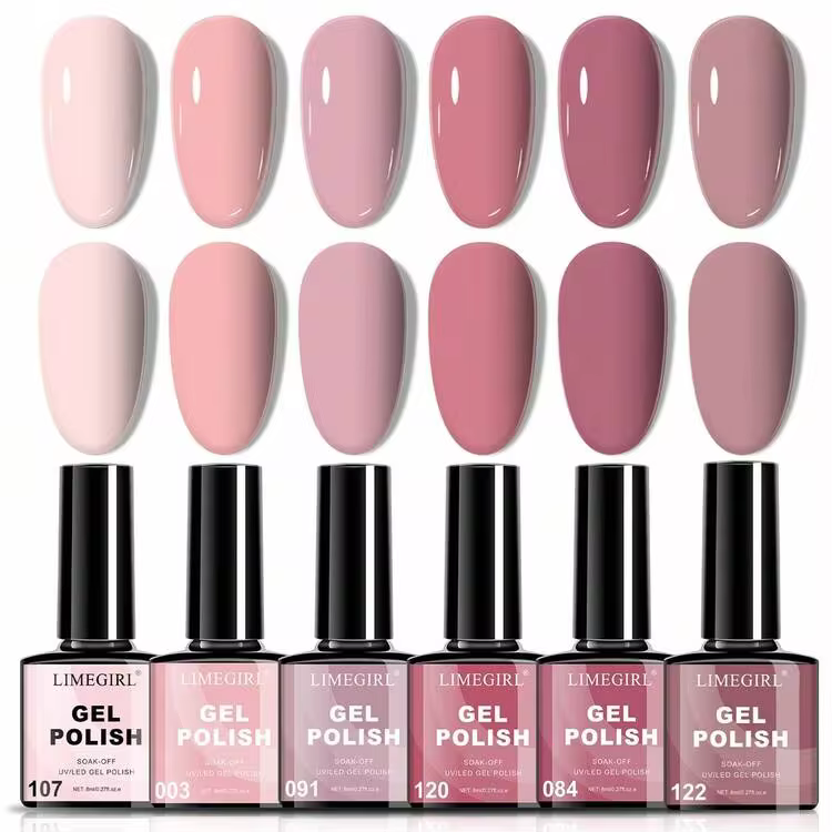 LIMEGIRL Gel Nail Polish Set - 6 Colors Pink Series Gel Nail Polish Set, Nude Pink & Deep Pink Gel Nail Polish, Suitable For All Seasons, Removable LED Nail Lamp, Gel Manicure Set, DIY Salon-Grade Gift, For Women Nails
