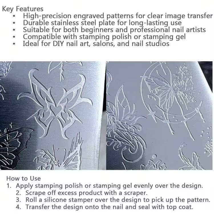 Nail Art Stamping Plate, Steel Stamping Plate For Beginners, No Hand-Painting Required, Nail Decoration Template, Panda Bamboo Lively Butterfly French Line Plaid Nail Art Pattern Transparent Transfer Silicone Stamp Steel Plate Nail Art Tool - Image 8