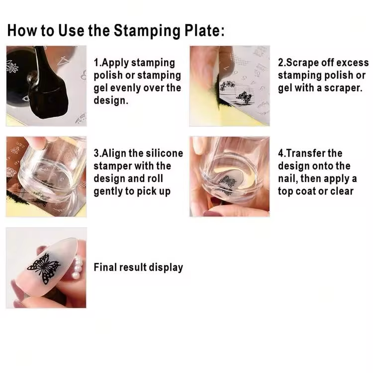 Nail Art Stamping Plate, Steel Stamping Plate For Beginners, No Hand-Painting Required, Nail Decoration Template, Panda Bamboo Lively Butterfly French Line Plaid Nail Art Pattern Transparent Transfer Silicone Stamp Steel Plate Nail Art Tool - Image 9