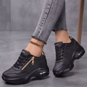 New Women's Slope Heel Thick Soled Sports Shoes With Black Zipper Decoration And Inner Height Increase 8CM Air Cushion Casual Travel Shoes