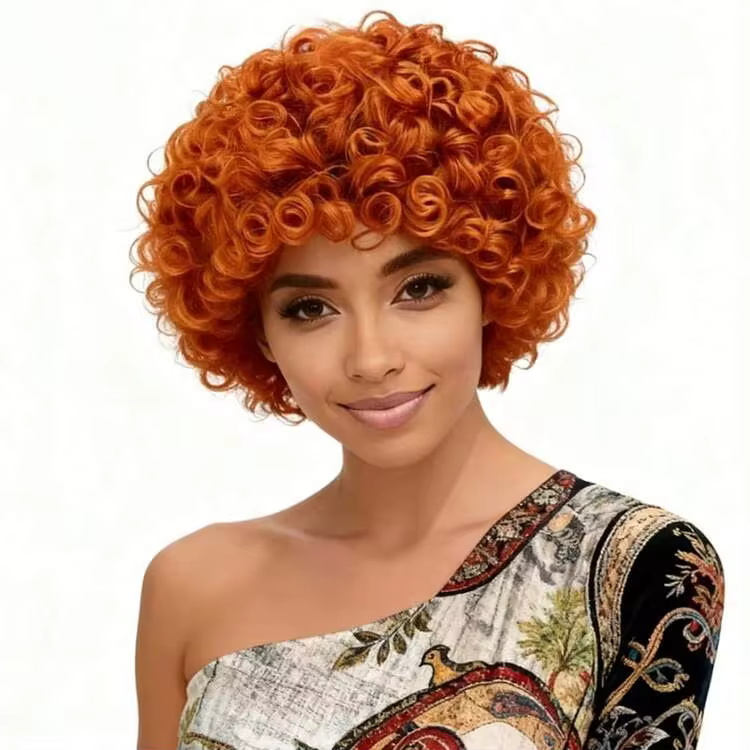 NEW8 Inch Short Orange Curly Hair, High Density Fluffy, Heat Resistant Synthetic Fiber, Comfortable And Breathable, Adjustable Cap, Suitable For Christmas, Music Festival, Fashionable, Elegant And Comfortable, Universal For All Women - Image 2