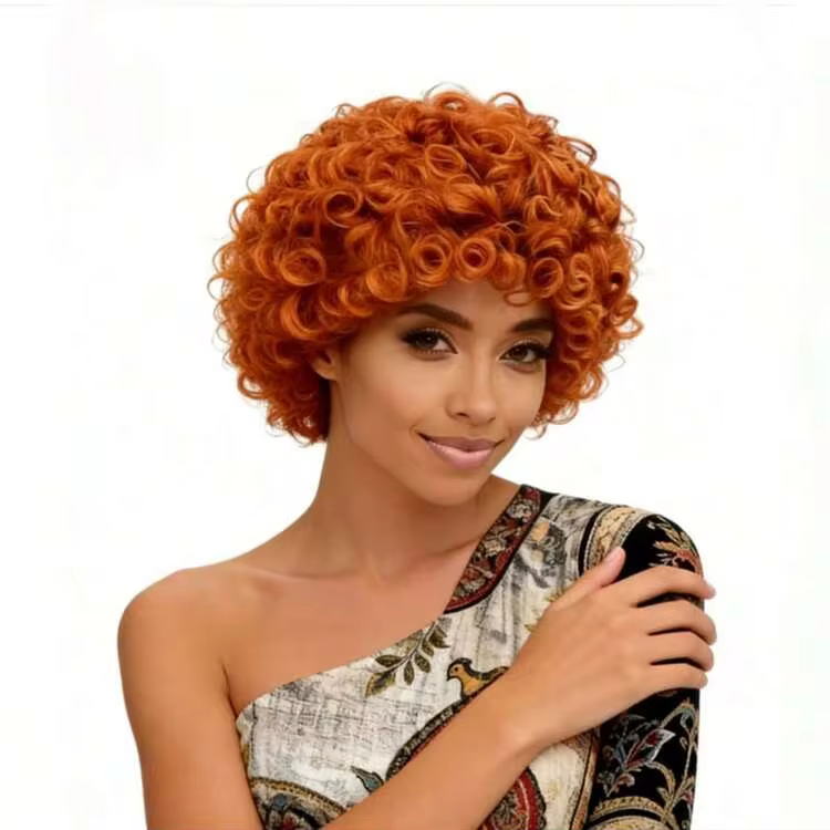 NEW8 Inch Short Orange Curly Hair, High Density Fluffy, Heat Resistant Synthetic Fiber, Comfortable And Breathable, Adjustable Cap, Suitable For Christmas, Music Festival, Fashionable, Elegant And Comfortable, Universal For All Women - Image 3