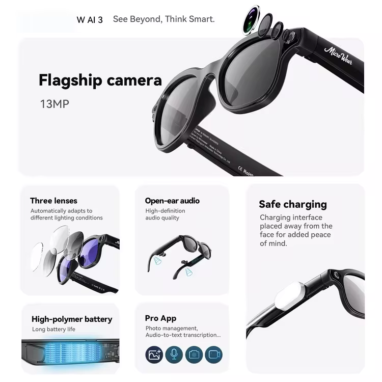 PANDA W AI 3 Smart Glasses, Bluetooth Earphone Call, 8MP Wide-Angle Camera, Video/Audio Recording, Sync Smartphone Multimedia Music, AI Smart Q&A, Photo Object Recognition, Real-Time Translation, Meeting Notes, Long Battery Life, Low Latency, Wireless Glasses For Business, Travel, Holiday Gift - Image 6