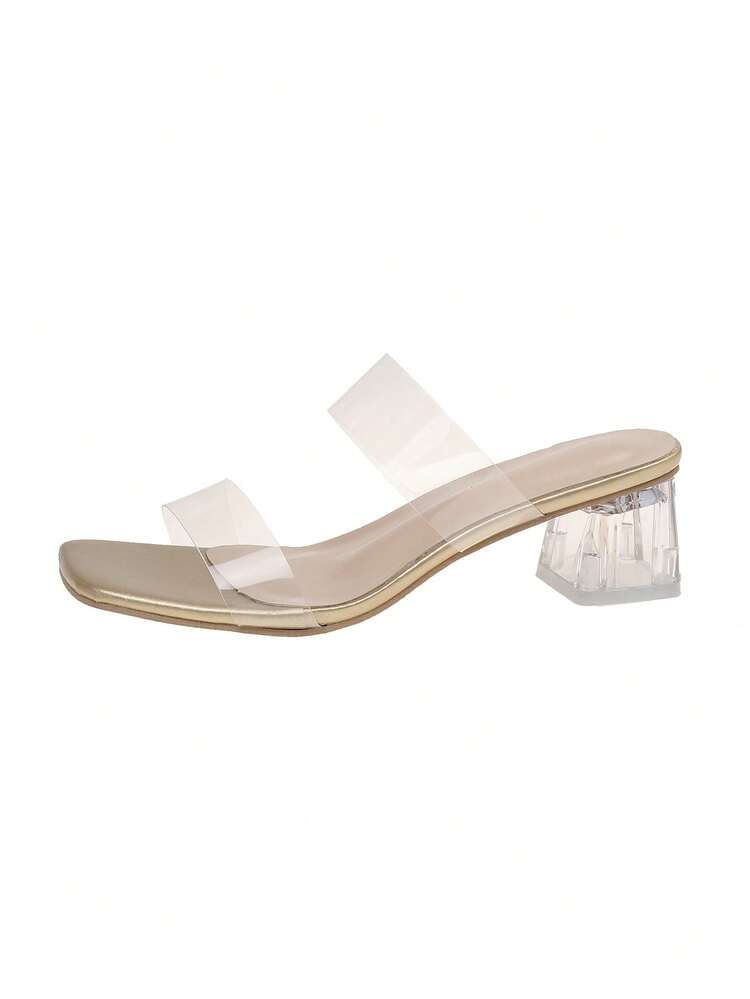 Plus Size Women's Transparent Strap Crystal High Heel Sandals, Sexy Open Toe Chunky Heel Shoes For Party, Beach, Wedding, Summer - Image 2