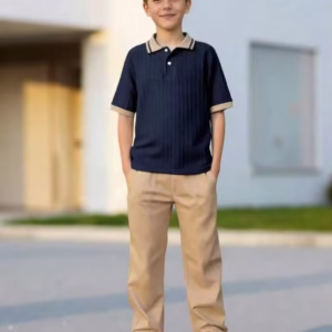 SHEIN 2pcs Tween Boy Gentleman Set,Ribbed Knit Short Sleeve Navy Blue Polo Shirt,Khaki Pants,Summer Casual Elegant Matching Business Family Vacation Outfit