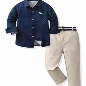 SHEIN 2pcs Young Boy Gentleman Set,Polka Dot Long Sleeve Shirt And Suit Pants,Gentleman Style For Birthday Party,Formal Occasion,Career Day,Back-To-School