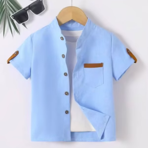SHEIN Explorewe Young Boy Casual Contrast Color Pocket Front Button Short Sleeve Shirt, Summer