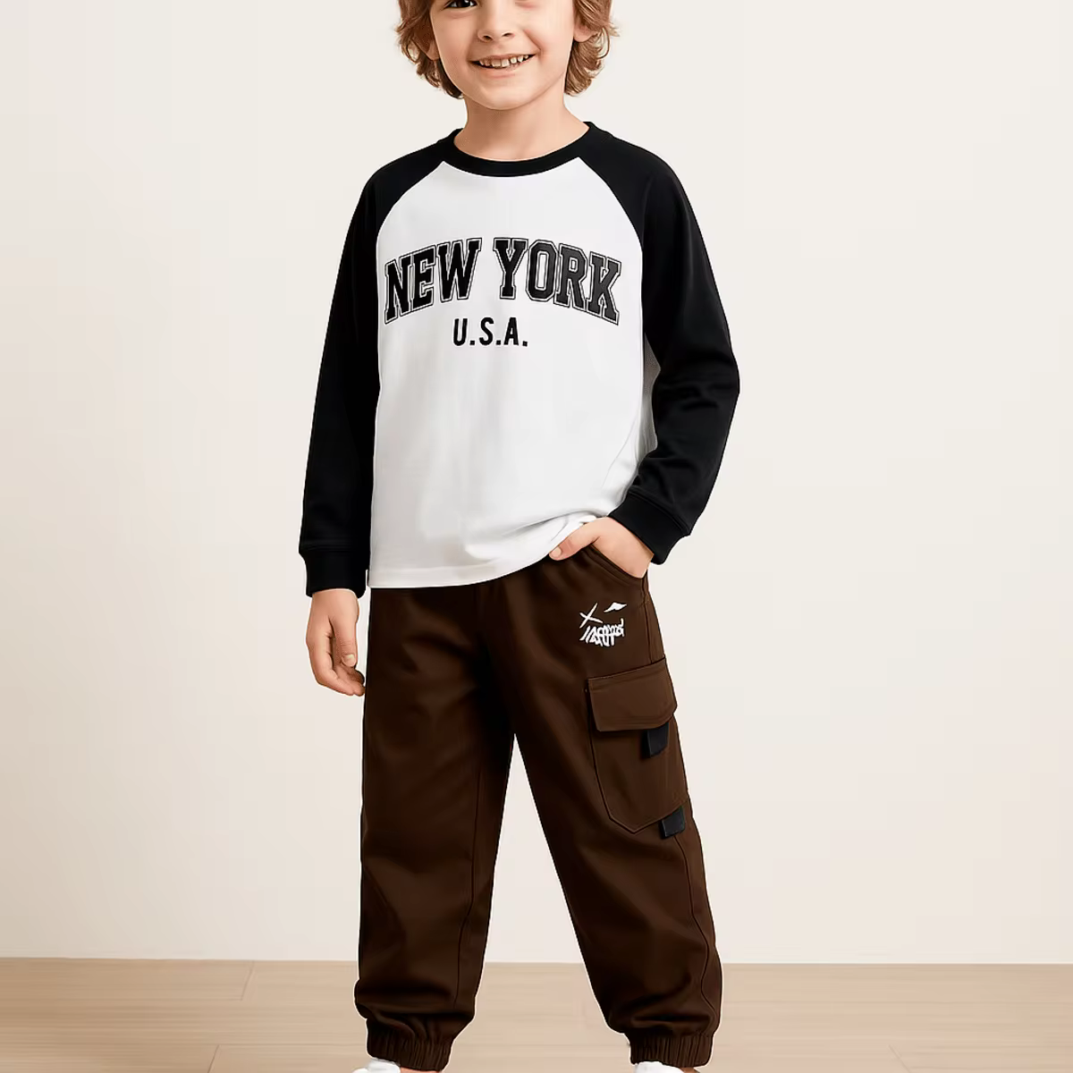 SHEIN Kids & Tween Boys Brown Casual Summer School Cargo Pants, Loose Drawstring Waist Printed Trousers For Commute, Vacation, Sports, All Seasons - Image 8