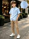 SHEIN Older Kids Boys' Casual Navy Blue Textured Striped Collared Short Sleeve Shirt + Khaki Pants, Suitable For Daily Wear, Outdoor Activities, Commuting, School, Short Trips, Holidays, Travel, Weddings, Prom, Graduation - Image 12