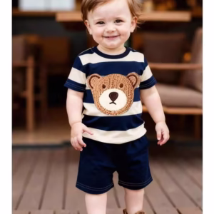SHEIN Playful Pals 1 Set Baby Boys Cute Bear Striped Short Sleeve Crew Neck T-Shirt And Shorts,Navy Blue,Summer,Casual,Family Matching Fashionable Outfits For Sports