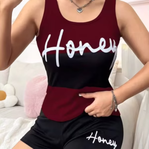 SHEIN Slogan Print Contrast Color Crew Neck Tank Top And Shorts Pajama Set