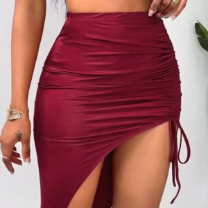 SHEIN Unity Summer Solid Color Drawstring Asymmetrical Hem Bodycon Skirt Burgundy Color