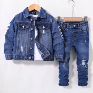 SHEIN Young Boy 2pcs Fashion Casual Blue Cut Out Ripped Frayed Denim Long-Sleeved Jacket And Elastic Cut Out Ripped Frayed Design Jeans For Dailywear And Boys Outfits Fall Clothes