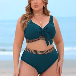 Swim Lushoire 1 Set Plus Size Women Strappy Top & High-Waisted Shorts Swimsuit, Ribbed Fabric, Navel Tie, Elegant Beach Resort Outfit For Summer Beach Vacation