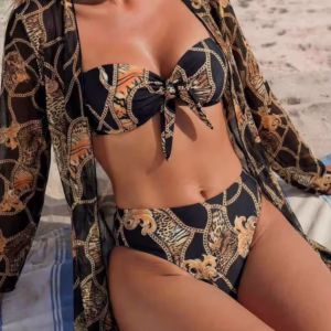 Swim Lushoire Beach Summer 3pcs Women Outfits Set, Include Push Up Bra Top With Neckerchief, Low Waist Panty And Random Print Chiffon Dress, Elegant Bikini Swimsuit
