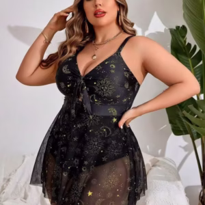 Swim Lushoire Plus Size Beachwear Summer Swimsuit Hollow Out One-Piece Bathing Suit With Sun And Moon Print And Tie Knot,Summer Beach