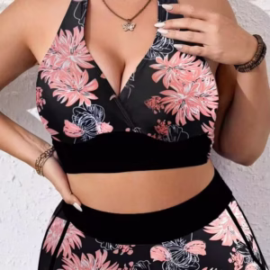 Swim Lushoire Plus Size Random Digital Print Deep V-Neck Sexy Gather Swimsuit Top, Suitable For Beach, Pool, Sports