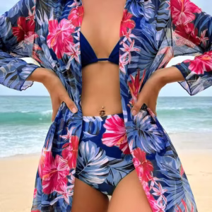 Swim Lushoire Tropical Print Halter Triangle Summer Beach Bikini Set With Kimono