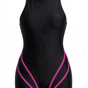 Swim SPRTY Plus Size Colorblock Sleeveless One-Piece Swimsuit With Front Zipper, Summer One-Piece Bathing SuitFor Leisure And Vacation