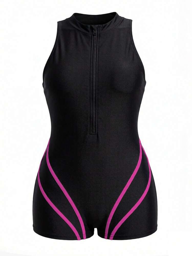 Swim SPRTY Plus Size Colorblock Sleeveless One-Piece Swimsuit With Front Zipper, Summer One-Piece Bathing SuitFor Leisure And Vacation
